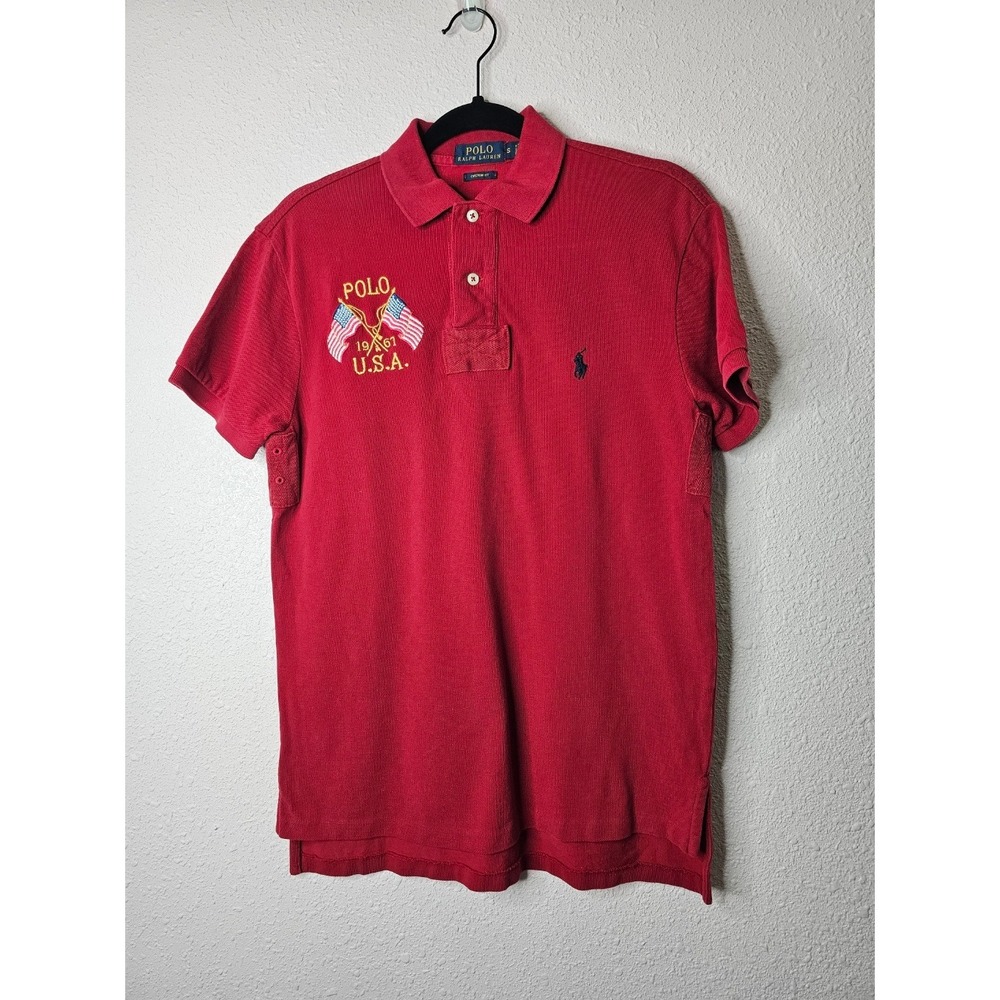 Polo Ralph Lauren Mens Red Custom Fit USA Flag Crest Polo Shirt Small Preppy